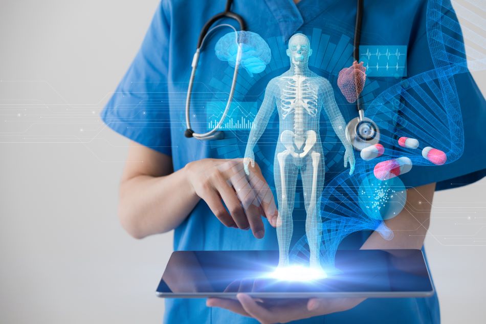 Healthcare worker holding ipad with a virtual 3D image of DNA & anatomical statue.